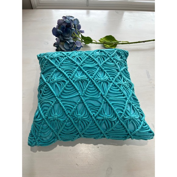 Devi Designs Macrame Pillow Cover Turquoise Diamond Pattern Feather Filled - Picture 1 of 6